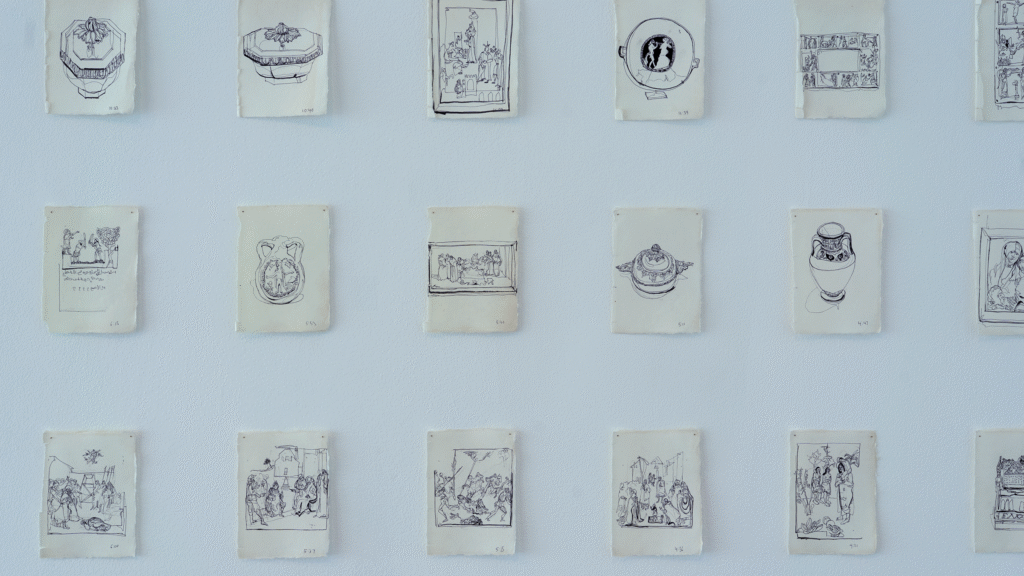 Detail photo of the Sick and Tired at the Met installation. Eighteen of the ninety-nine five by seven contour ink drawings of different "sick" and "tired" objects in the Metropolitan Museum's collection that compose the installation are present in the photo, hung in a grid with five inches of separation between each drawing. 