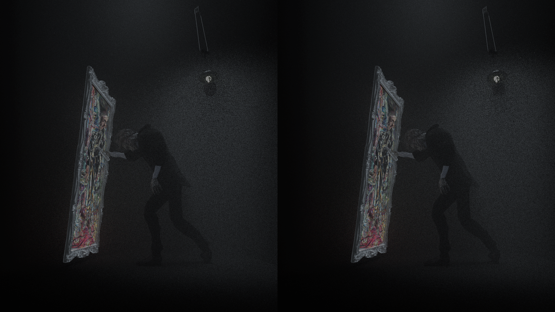 a still from a fixed vantage point virtual reality piece made in a 3D software called Blender and embedded in a wall and engulfed by thick black curtains. It uses a simple stereographic technology available as an attachment to a phone (I used the original Google Cardboard attachment). The installation serves as a peephole into a small virtual room lit only by a swaying gas lamp where Oscar Wilde’s infamous fictional character Dorian Gray, known for trading his mortality with a portrait of himself, slowly and pathetically stabs at the painting, which, unmarred by the attempts, envelops the knife and ripples in response. The stereoscopic video is on loop. The audio heard faintly from within the room is a song called “Goodbye Little Yellow Bird” sung by the Angela Lansbury in the 1945 American film adaptation of the novel. The original portrait I sampled for this piece was also commissioned for the 1945 film and painted by Ivan Albright.