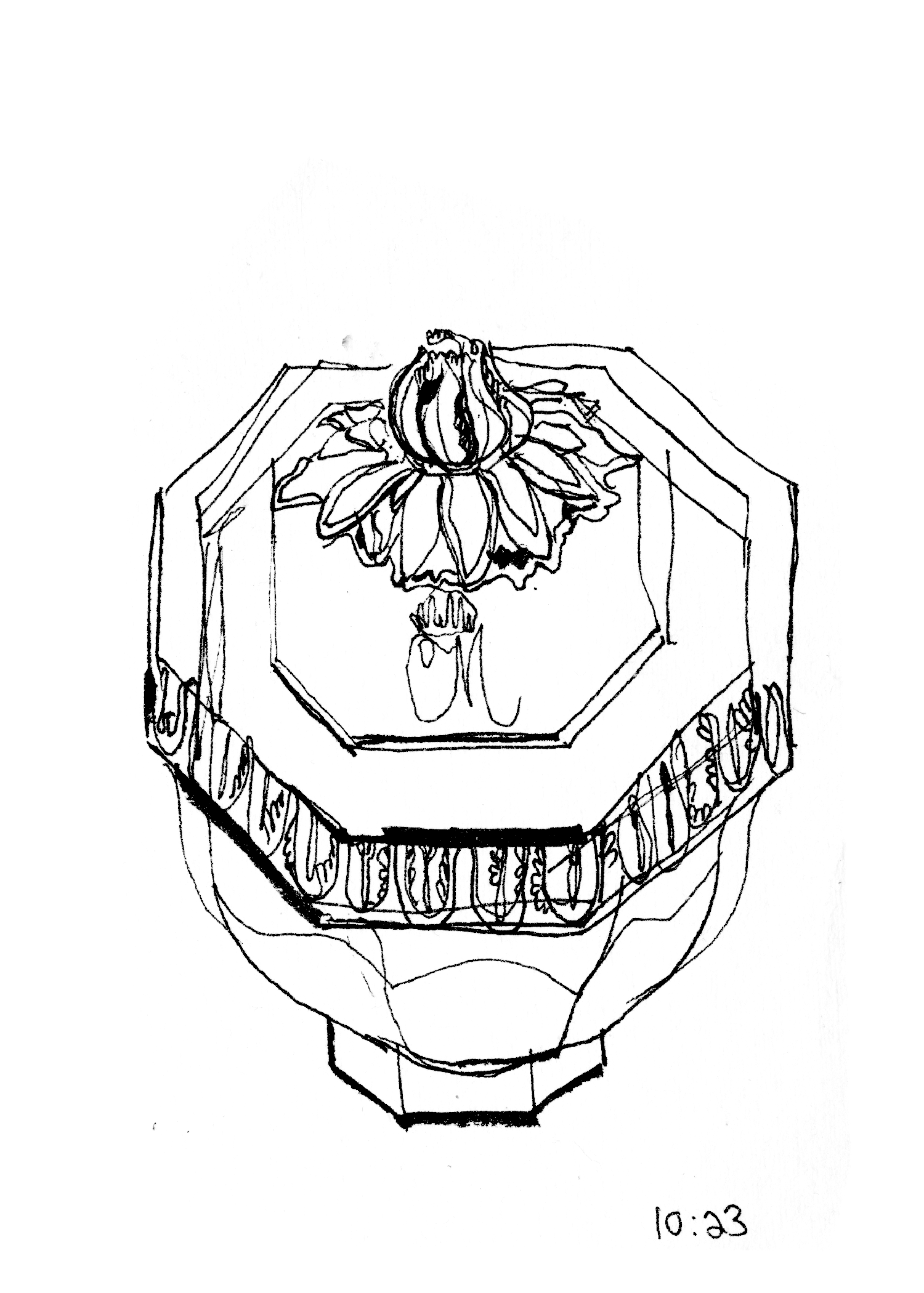 Black ink contour line drawing of an ornate octagonal lidded box.
