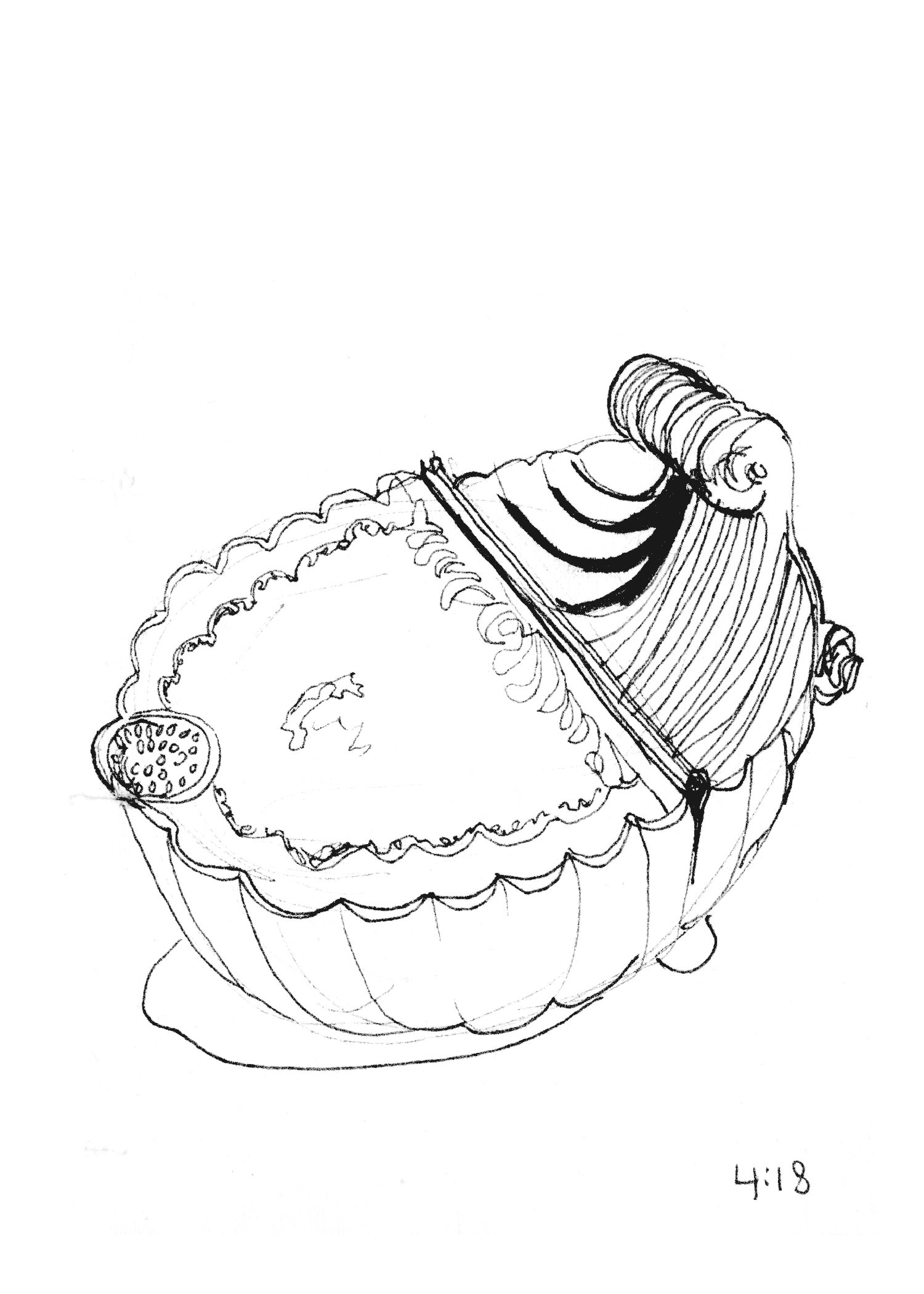 Black ink contour line drawing of an intricate, footed shell-like object with scalloped edges.