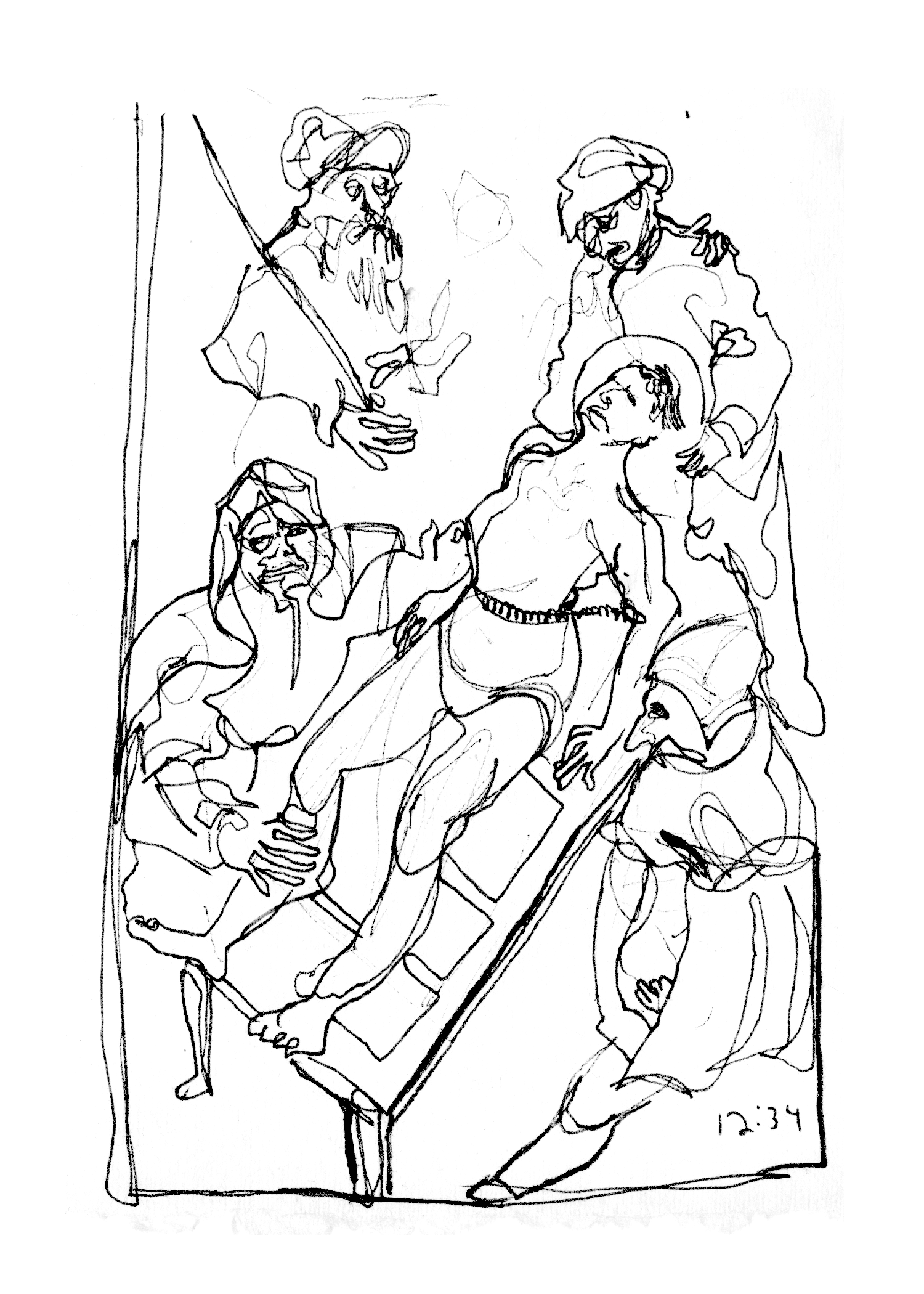 Black ink contour line drawing of a painting in which a man with a saintly halo is being held down and strapped to a table by four surrounding men.