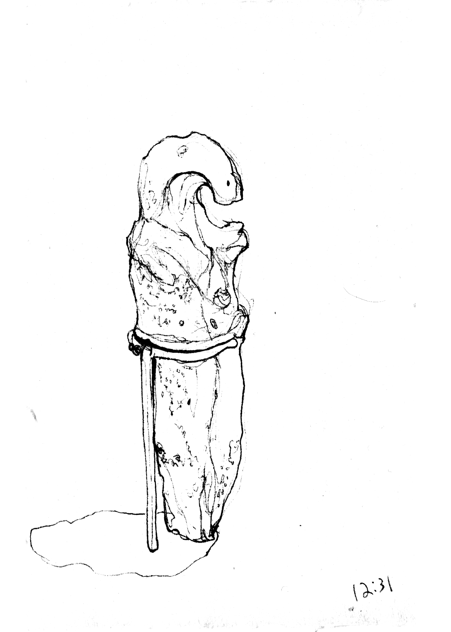 Black ink contour drawing of a vertically oriented zoomorphic figure with a hooked upper form, held up by a thin metal hoop.