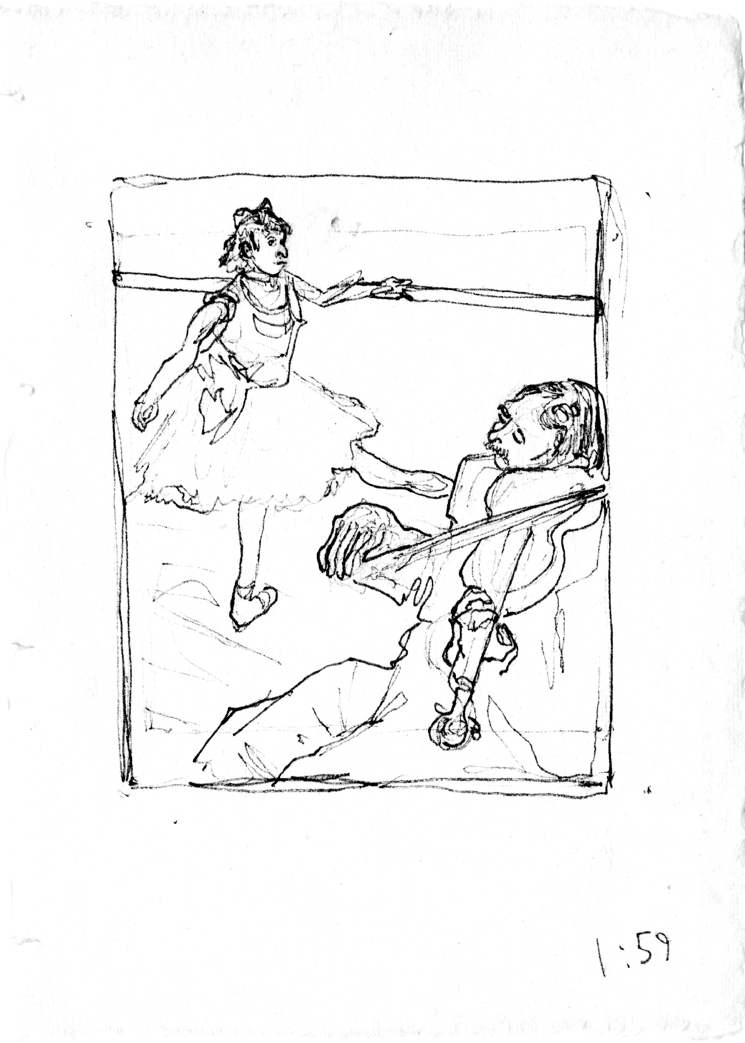 Black ink contour line drawing of a figure playing a violin, while a dancer poses on a ballet barre in the background. Originally a 5x7 inch drawing.
