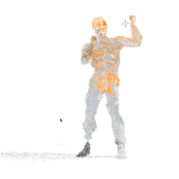 pixelated 3D model of a person slowly swinging an invisible tool