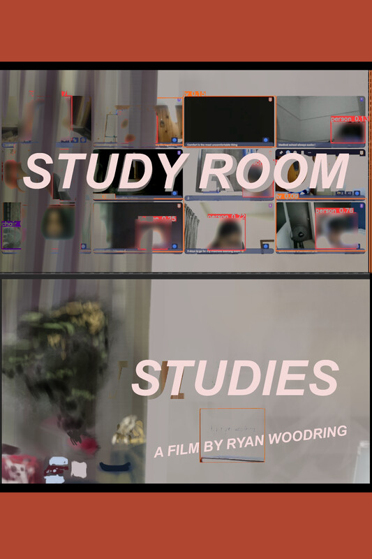 portrait-oriented film poster with the title "STUDY ROOM STUDIES" spelled out across two vertically stacked video/painting feeds reminiscent of virtual conference call software.