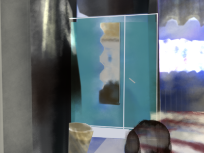 an HD ratio digital painting of an empty room painted in Photoshop with a tall teal dresser center-image, flanked by large gray rectangles to the left and an overexposed window with gray curtains and candy-cane striped mattress to the right. A way mirror on the dresser hazily reflects tones of ochre, unbleached titanium and black on its surface. A black mesh office chair rests center-right at the bottom of the painting.