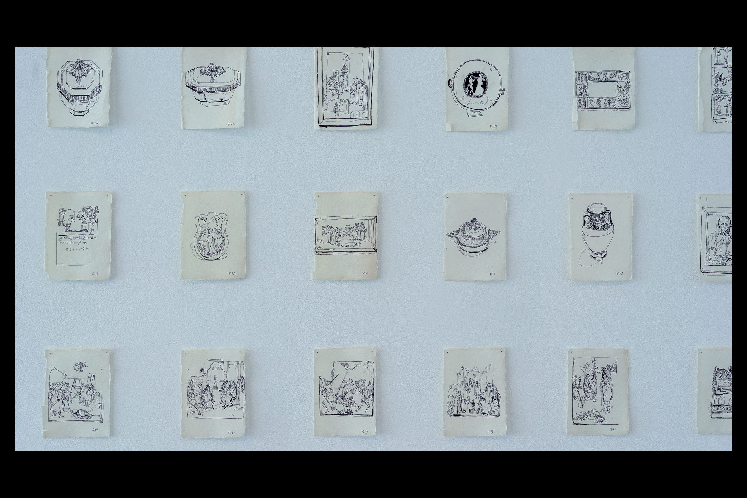 Detail photo of the Sick and Tired at the Met installation. Eighteen of the ninety-nine five by seven contour ink drawings of different 'sick' and 'tired' objects in the Metropolitan Museum's collection that compose the installation are present in the photo, hung in a grid with five inches of separation between each drawing.