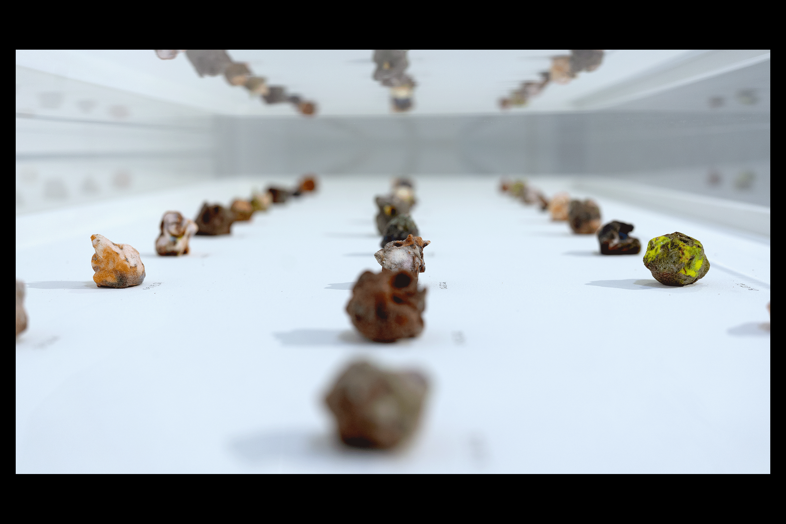 Install detail photo with a shallow depth of field taken from inside a plexi/wood museum display case housing thirty 3D-printed candies that range in shape and color. Each is roughly the size of a large gumball and the consistency of condensed sugar cubes. The candies are in three rows of ten, and each is accompanied by a handwritten date drawn on the white wood surface on which they rest. Three of the thirty edible sculptures are in focus here, and the entire collection is reflected in the plexiglass on all sides.